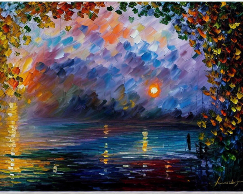Vibrant sunset reflection painting with silhouettes of people and trees