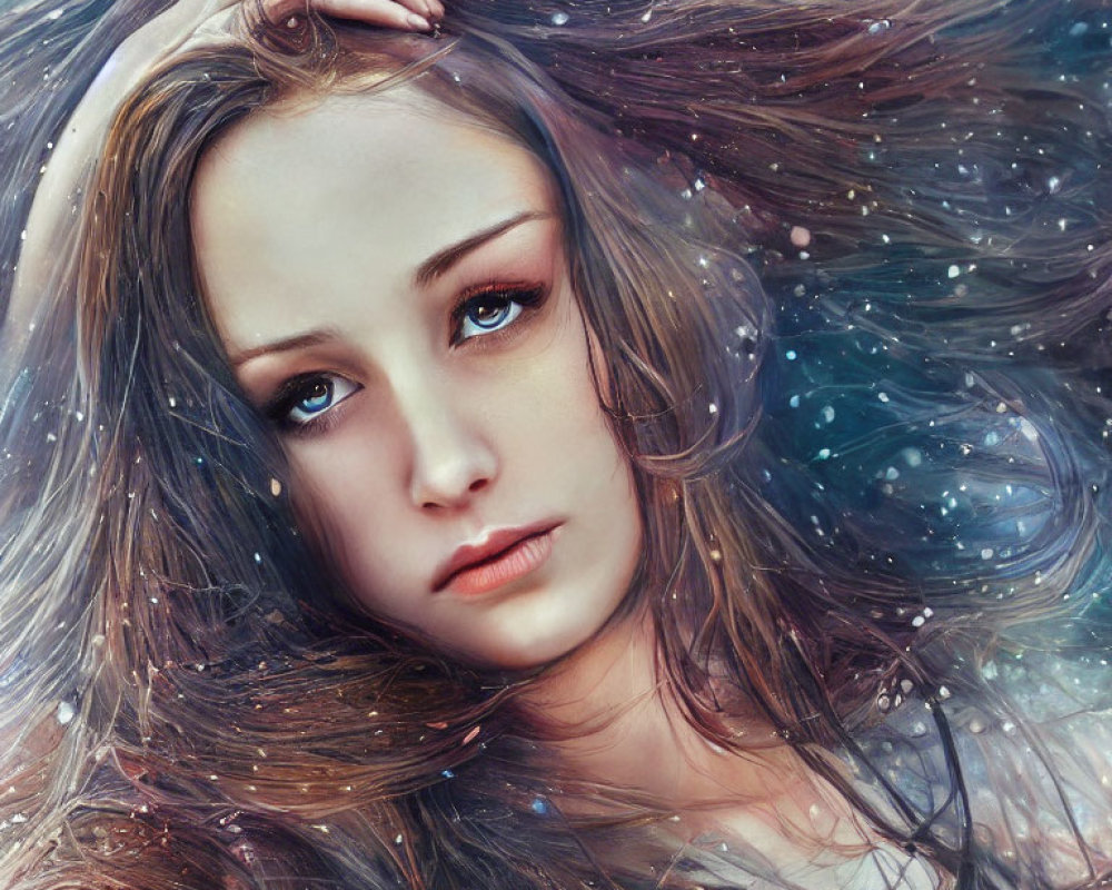 Digital Artwork: Young Woman with Cosmic Elements and Ethereal Ambiance