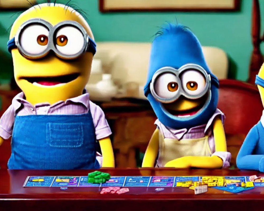 Three animated Minion characters playing colorful board game at table