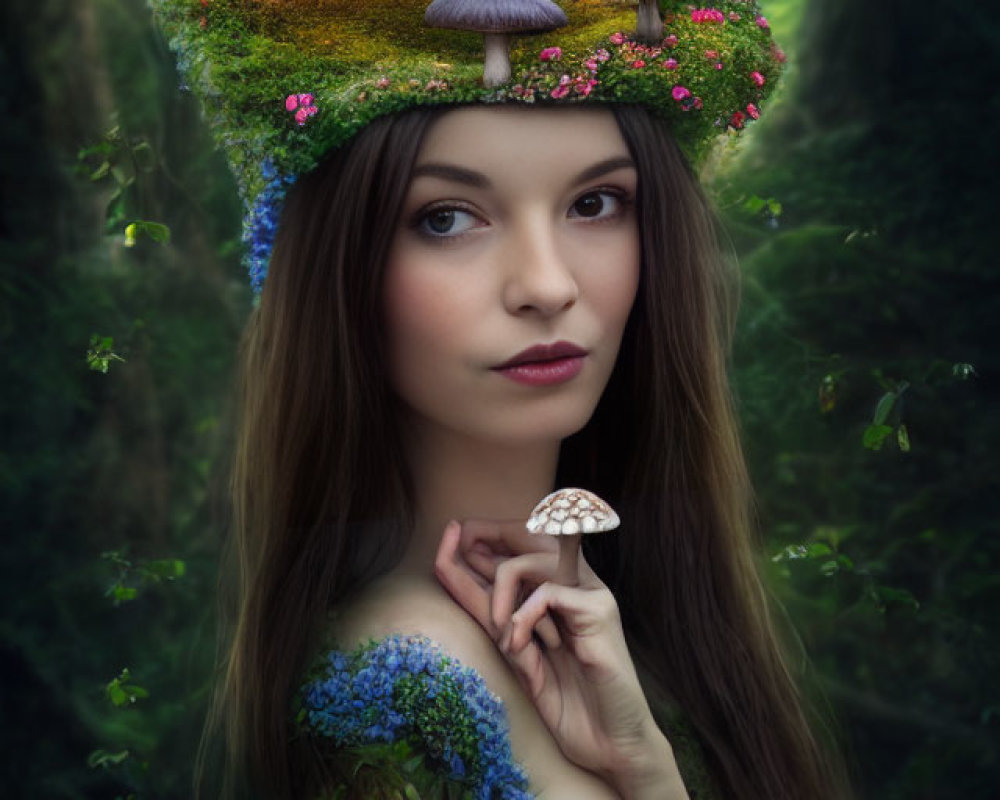 Mother Nature personified with mushroom house on head in lush greenery.