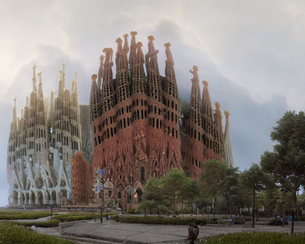 Panoramic view of Sagrada Família facades and spires against cloudy sky