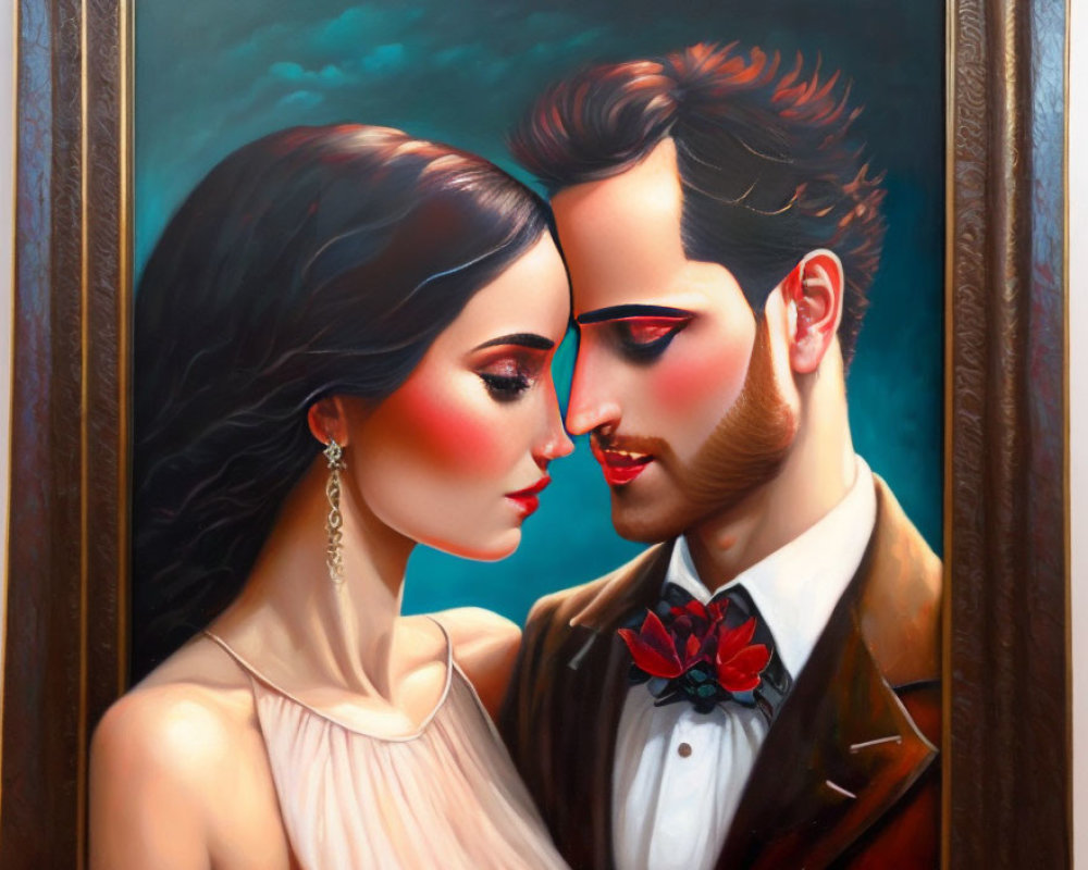 Romantic couple oil painting in ornate wooden frame