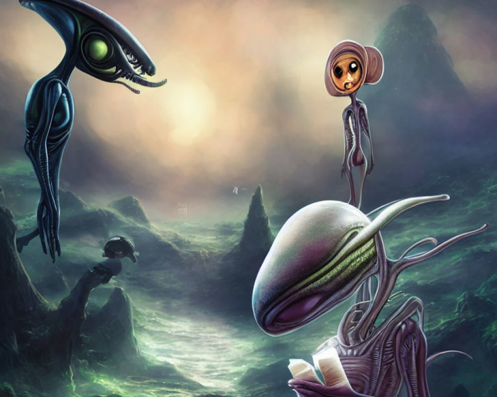 Surreal alien landscape with extraterrestrial beings in greenish atmosphere