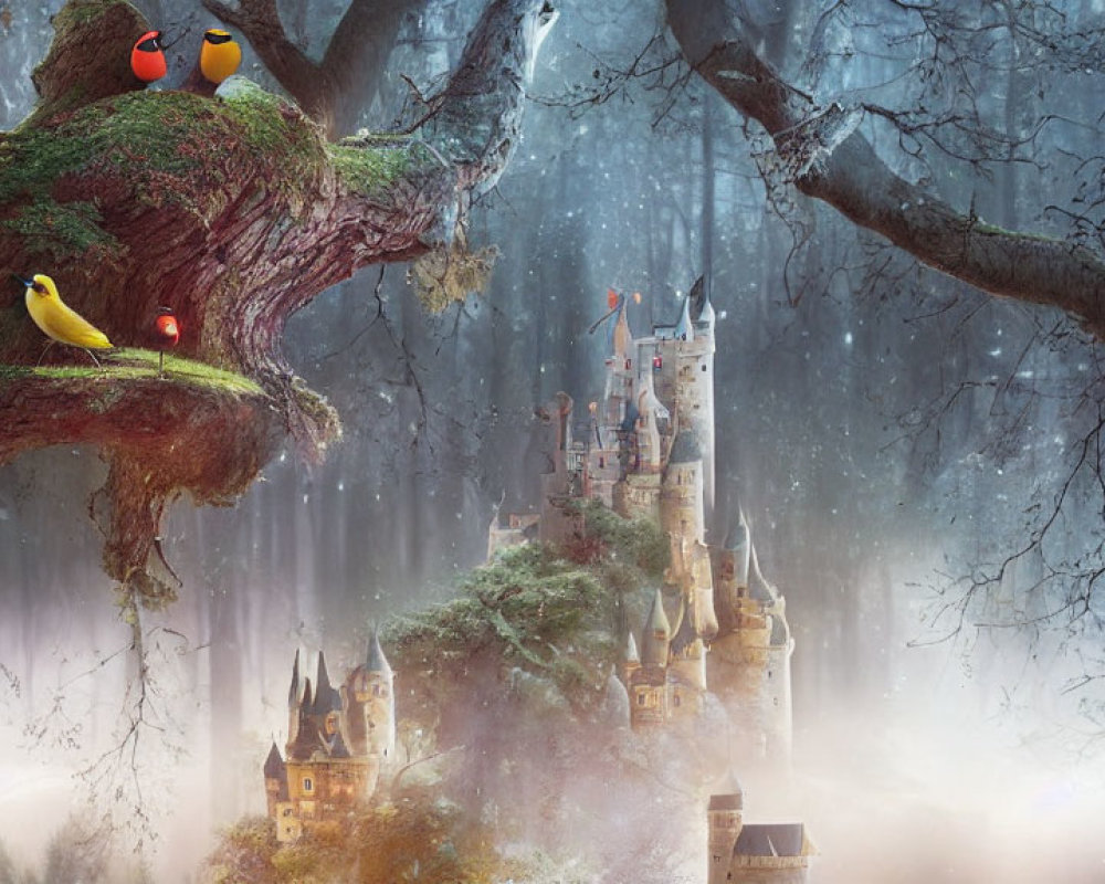 Colorful Birds and Mystical Castle in Enchanted Forest Scene