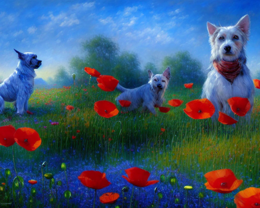 Three dogs in a poppy field under a vibrant blue sky