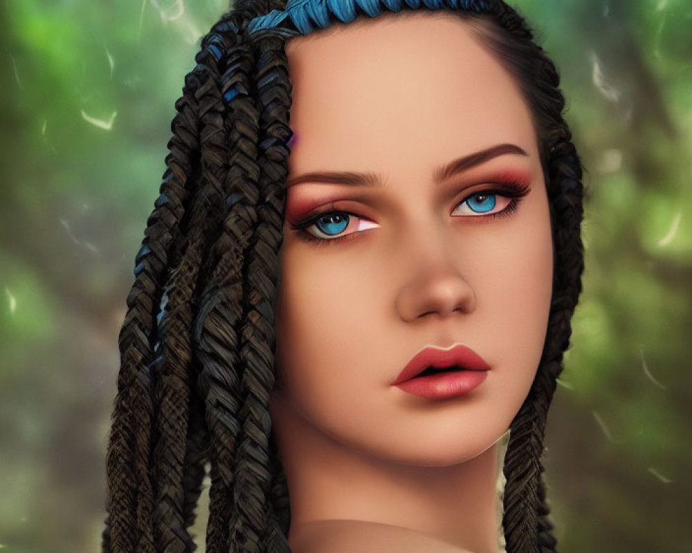 Woman's portrait with braided hair, blue highlights, and intense gaze on green backdrop