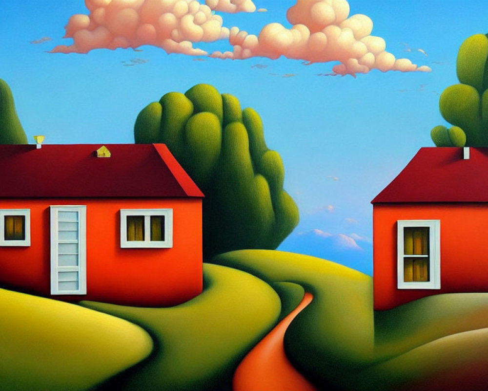 Red-roofed houses in green hills with winding path, stylized trees, and cartoonish clouds