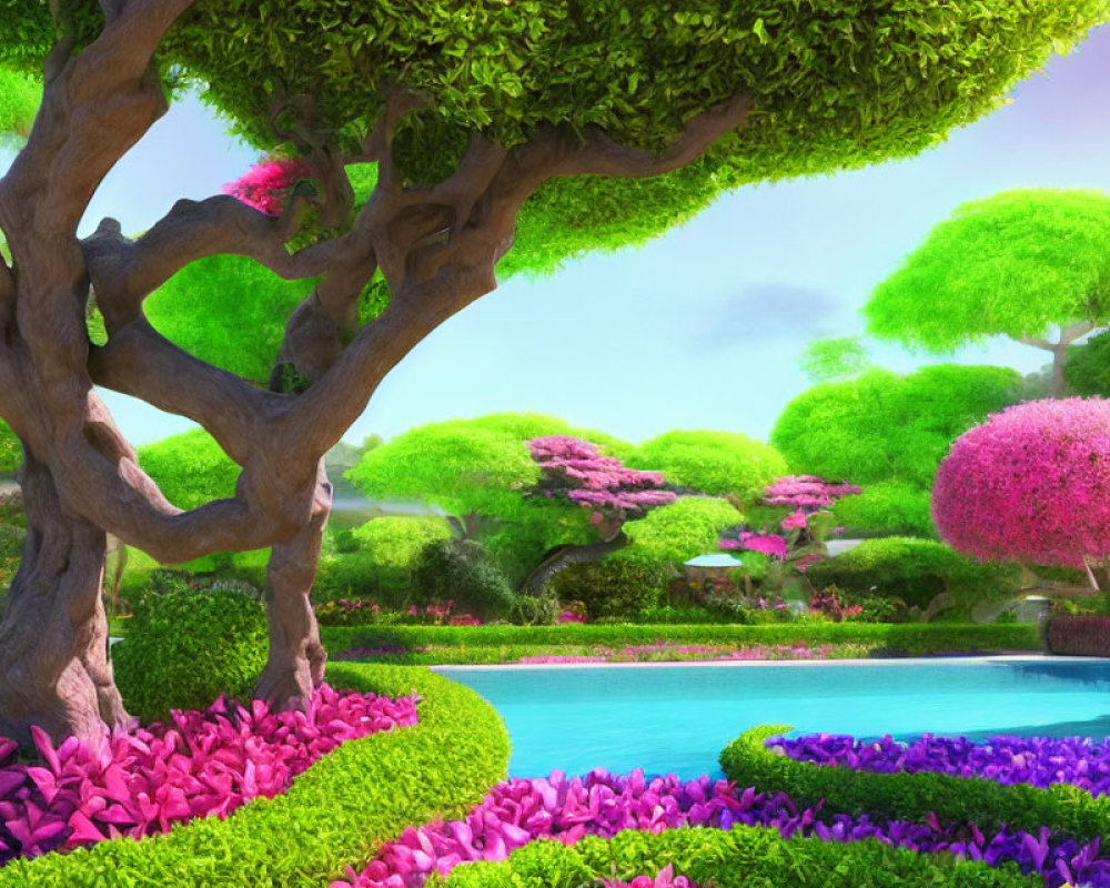 Colorful garden with topiary, pink and purple flowers, trees, and pond under sunny sky