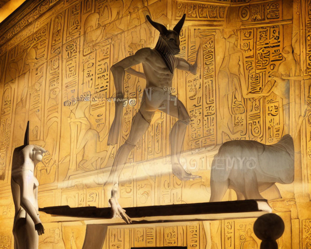 Ancient Egyptian Anubis and Sphinx statues in warm lighting