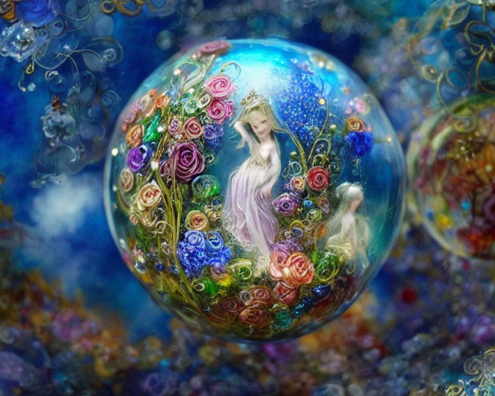 Fantastical woman in orb with flowing hair and flowers in starry background