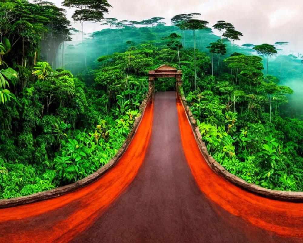 Lush green rainforest with vibrant red pathway and small hut under hazy sky