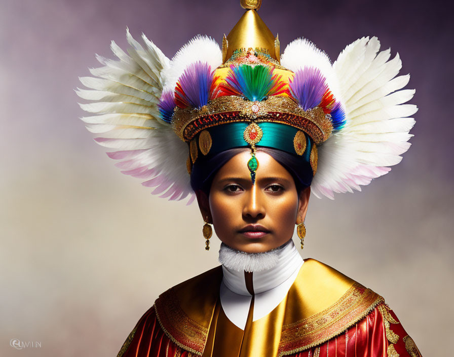 Traditional Attire with Feathered Headdress and Golden Crown on Gradient Background