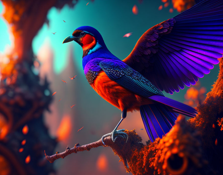 Colorful Bird with Outstretched Wings in Mystical Autumn Forest