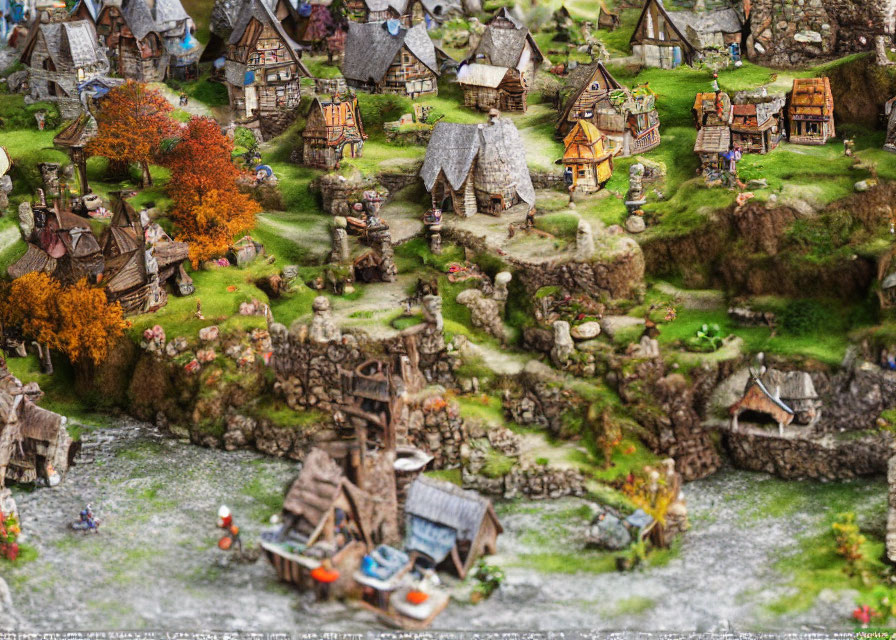 Detailed miniature rustic village model with quaint houses, stone walls, and lush greenery