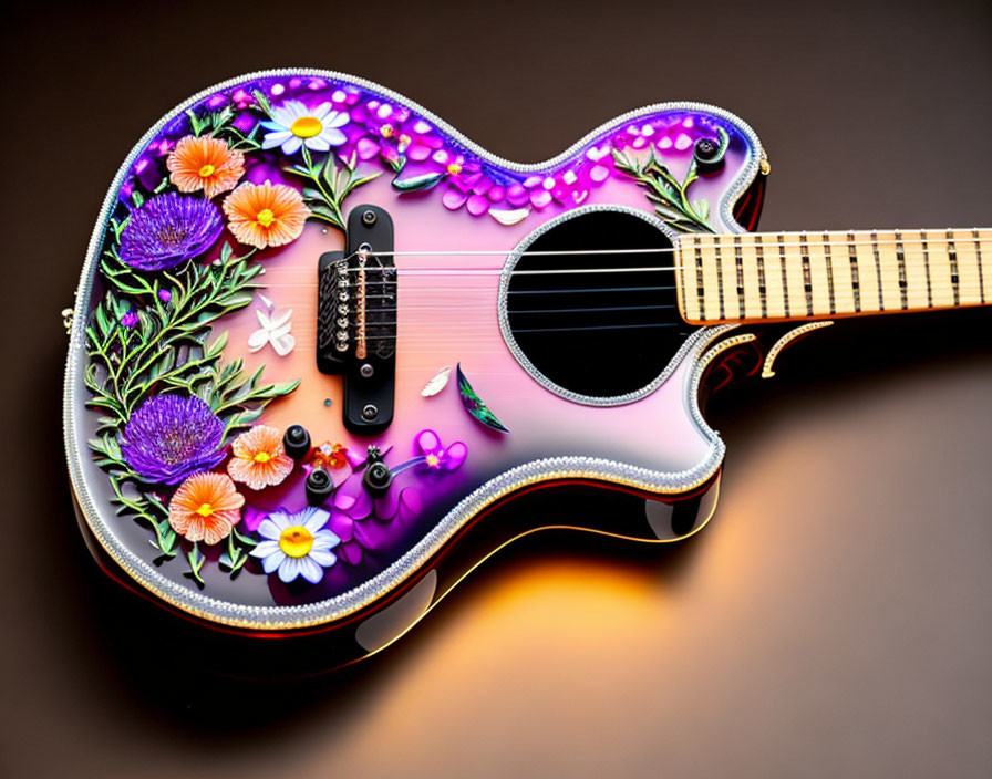 Floral Design Acoustic Guitar on Brown Gradient Background