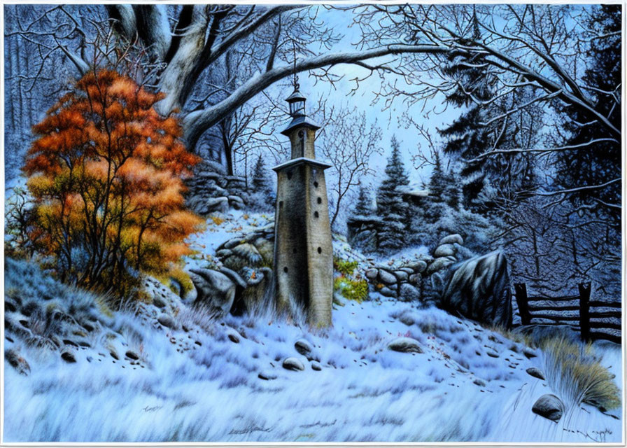 Snow-covered landscape with stone lighthouse and vibrant tree