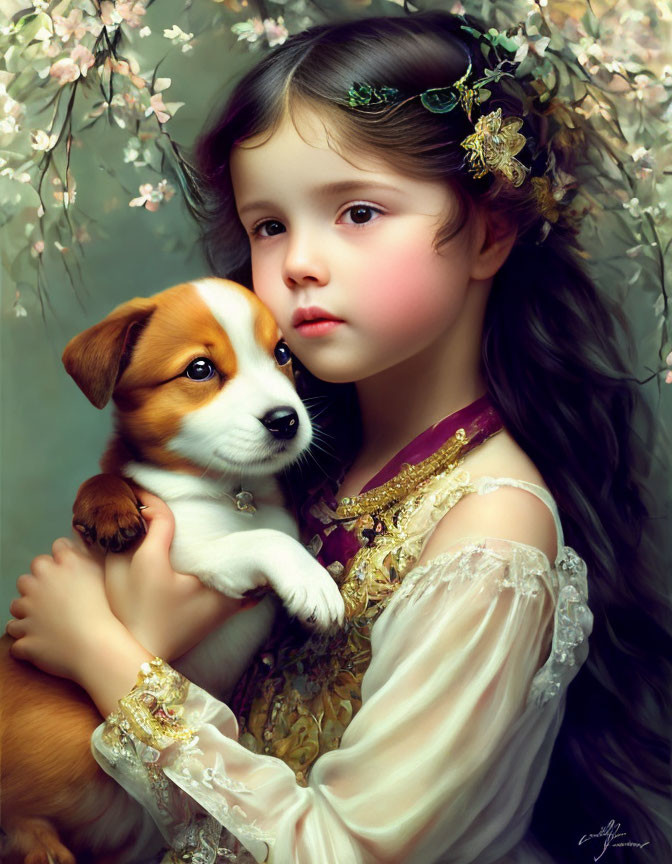 Young girl with long dark hair holding Corgi puppy in blossoming branches wearing vintage dress and floral