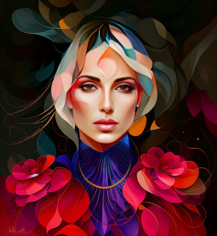 Colorful Floral Patterns Surrounding Woman's Portrait