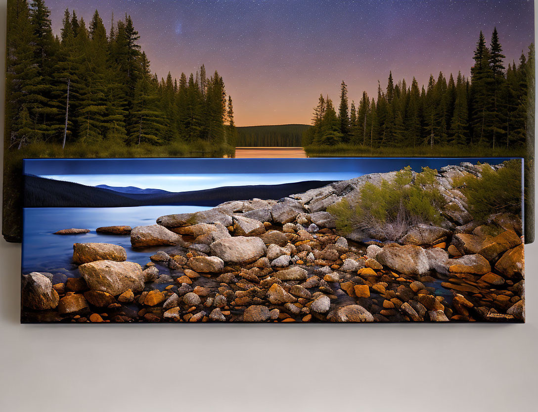 Split Canvas Art: Serene Lake, Rocky Foreground, Evergreen Trees, Starry Twilight Sky