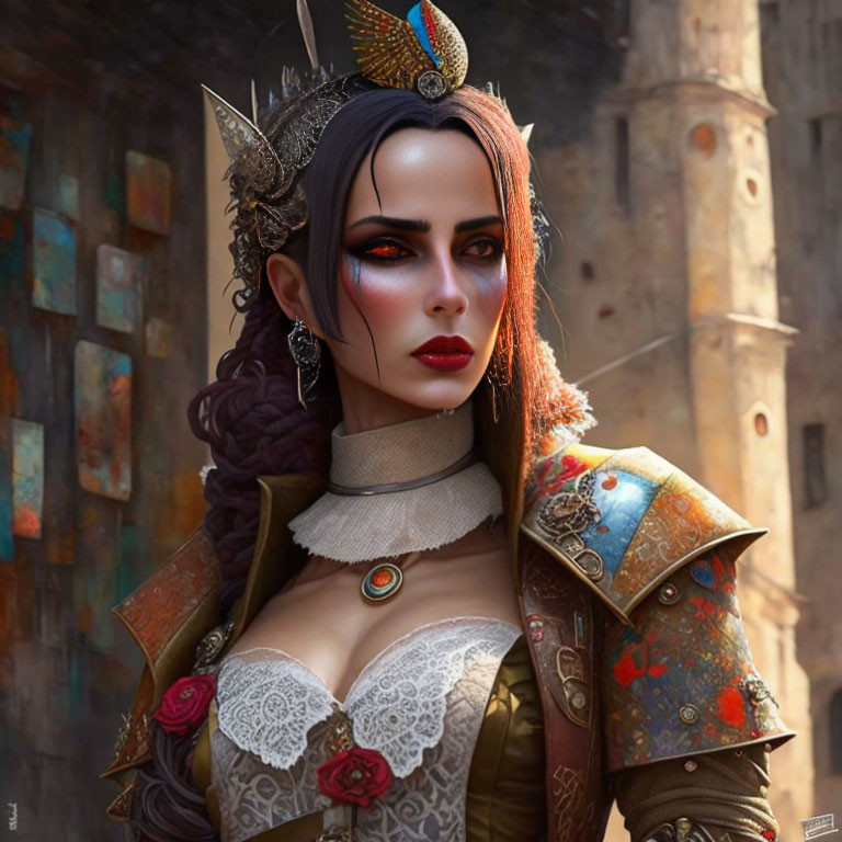 Digital Artwork: Woman with Horns, Crown, Renaissance Costume