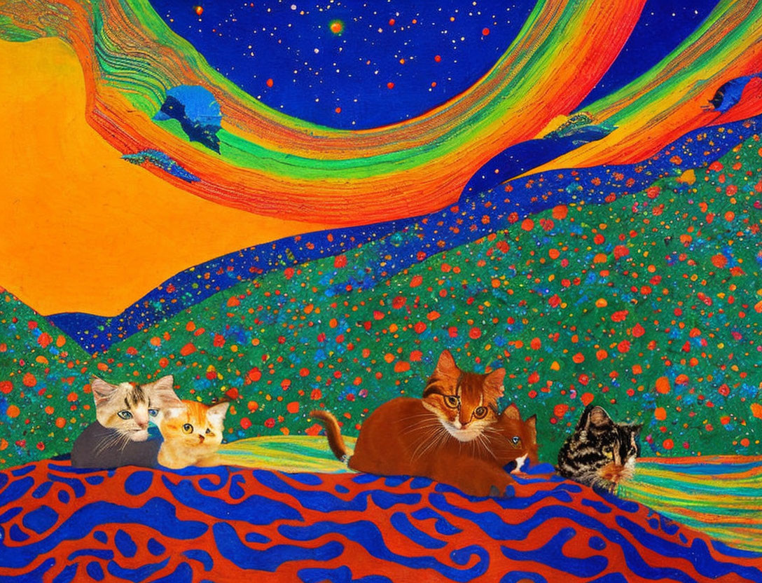 Four cats on colorful quilt under starry sky with green hills