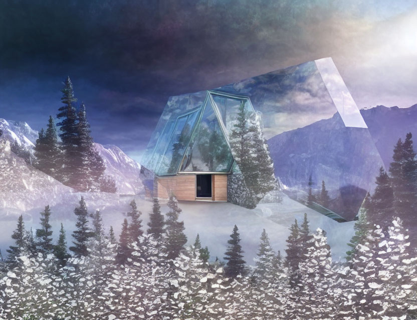 Geometric Glass House in Snowy Forest with Mountains at Twilight