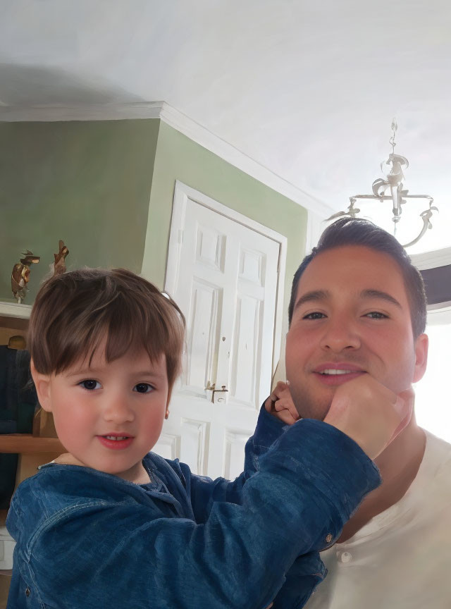 Child and adult posing indoors with soft lighting and home background