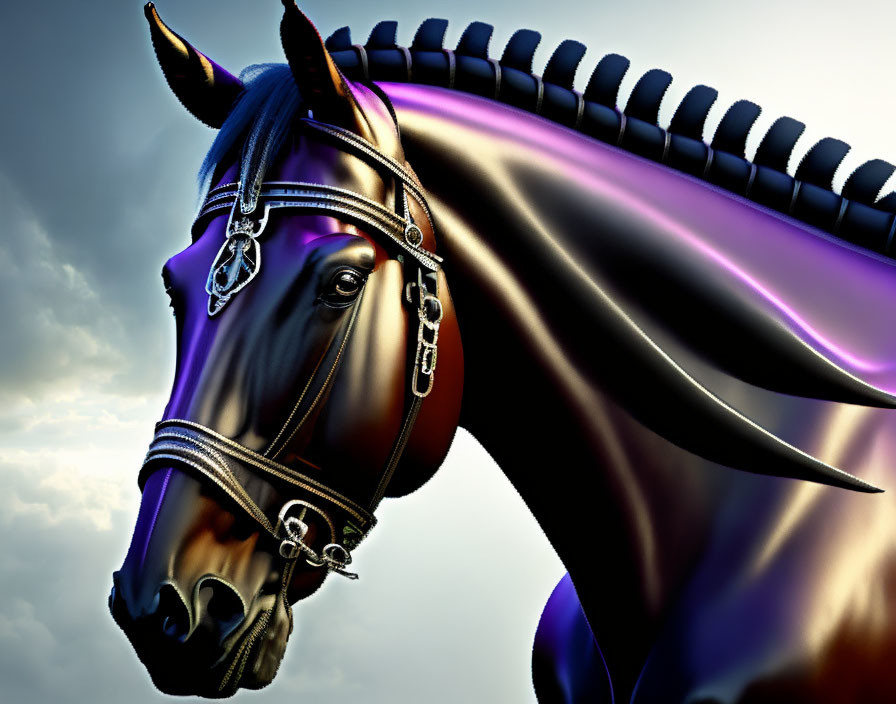 Digital Artwork: Black Horse with Purple Mane and Silver Bridle