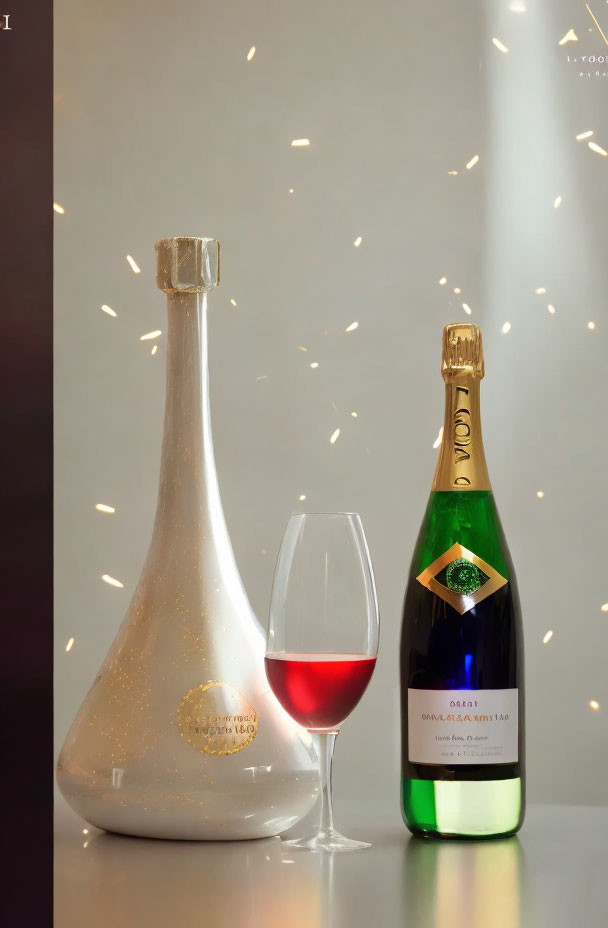 Elegant Red Wine Decanter, Glass, and Champagne Bottle with Twinkling Lights