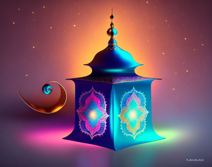 Colorful digital artwork: Blue lantern with mandala patterns on starry purple background