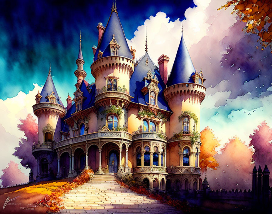 Enchanting castle with spires in colorful forest at dusk