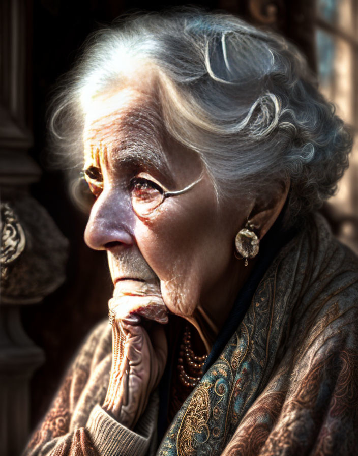 Silver-haired elderly woman in earrings and necklace gazes thoughtfully.