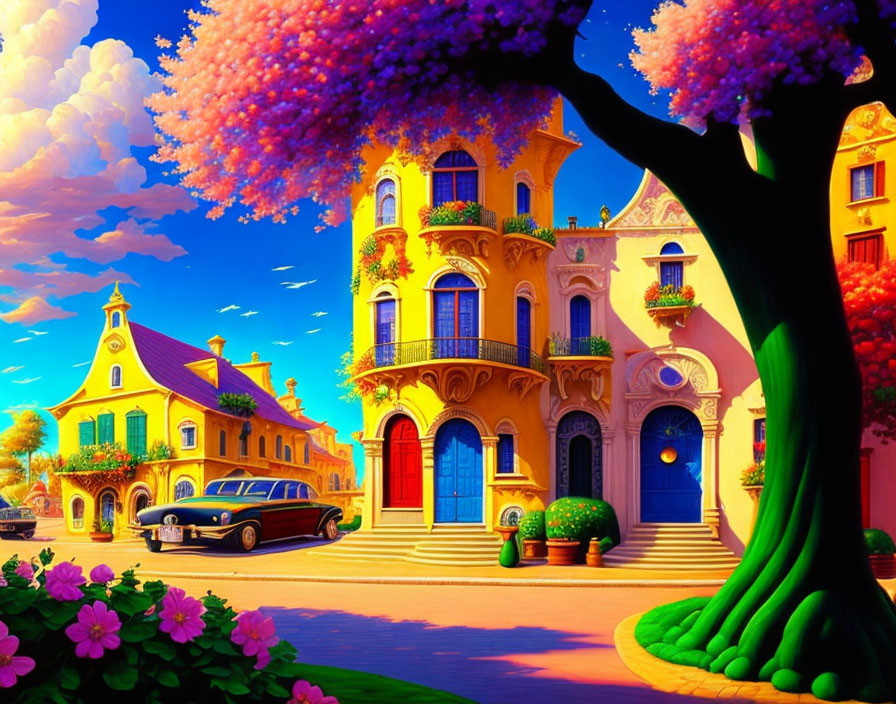 Colorful Town Scene with Blossom Trees and Vintage Car