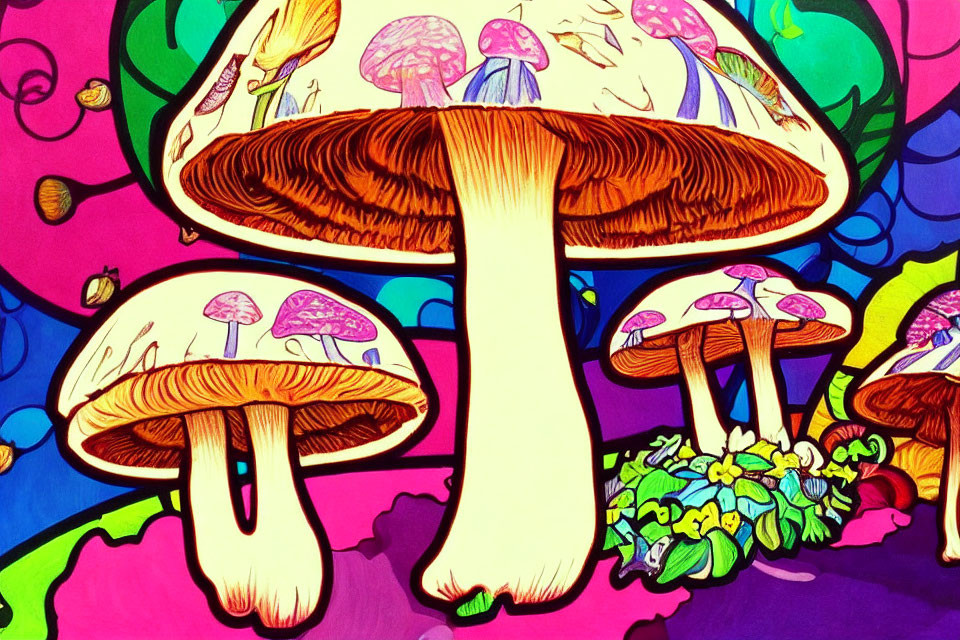 Colorful Mushroom and Jellyfish Illustration in Surreal Landscape