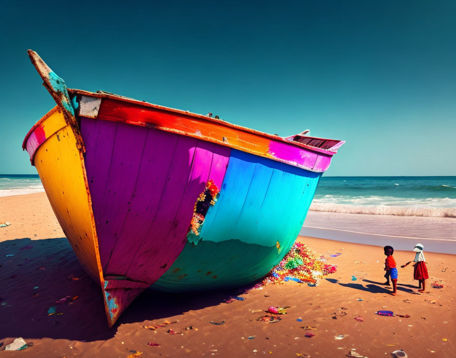 Colorful boat on beach with children and ocean view