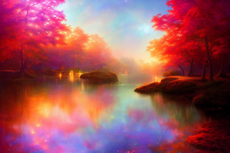 Tranquil sunset lake with autumn trees and glowing water reflection