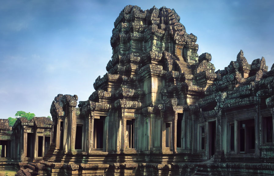 Intricate Carvings on Ancient Stone Temple in Sunlight