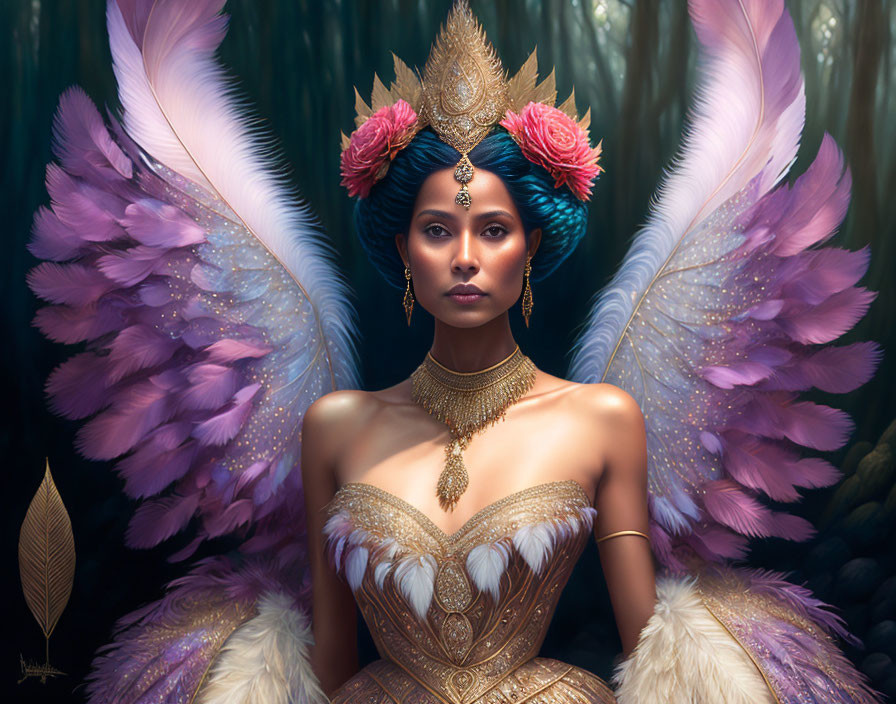 Digital artwork of woman with blue hair, golden crown, pink flowers, feathered outfit, majestic purple