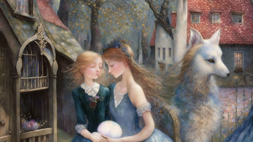 Two girls in vintage dresses with a whimsical wolf-like creature in a fairy-tale village.