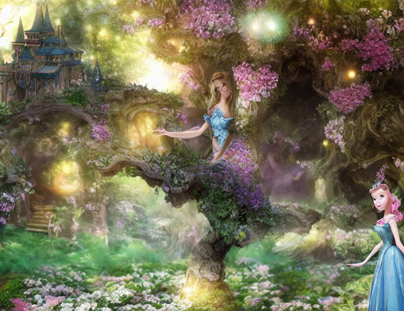 Fantastical scene featuring woman on flower-covered branch and princess in blue gown with magical castle.