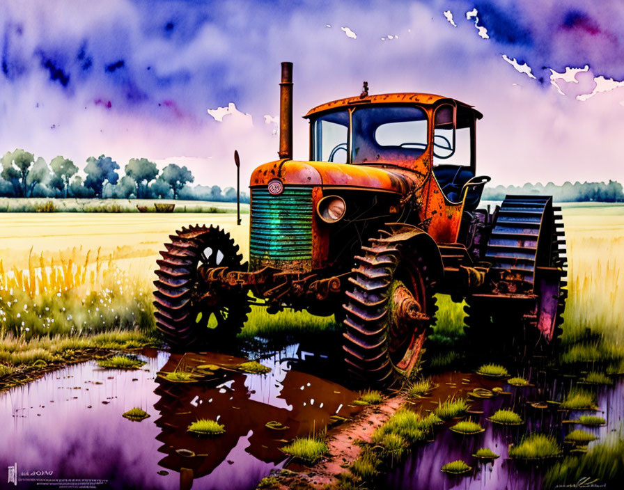 Rusty vintage tractor in vibrant field with puddle and purple sky