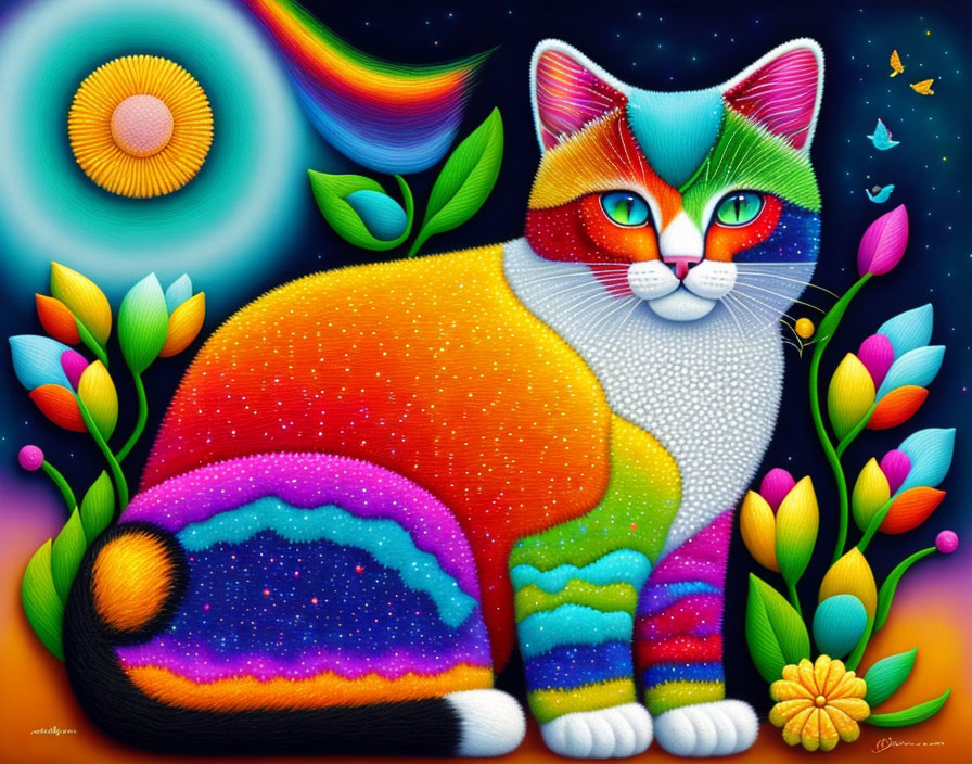 Colorful Stylized Cat Painting with Cosmic Background