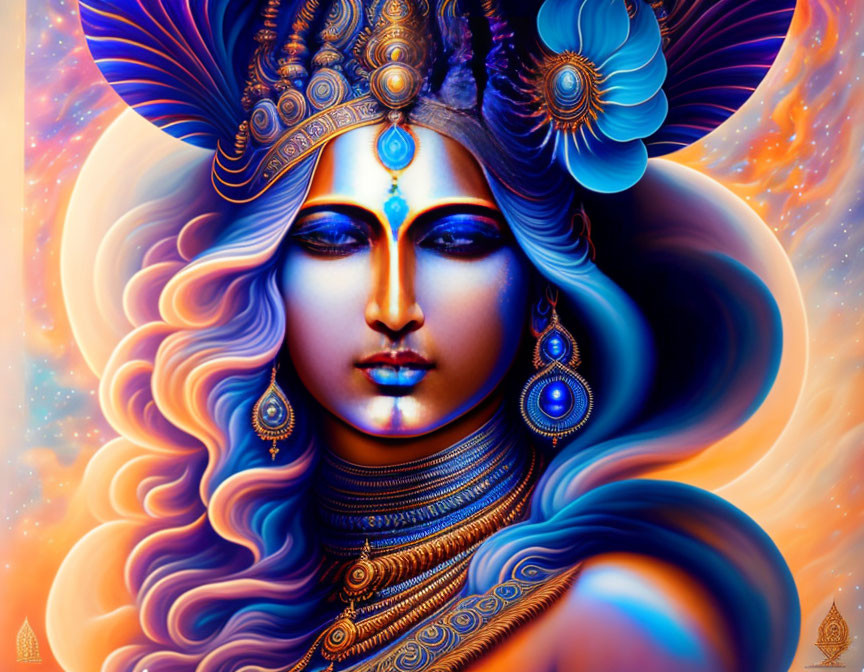 Artistic portrayal of a multi-faced deity adorned with blue faces, detailed jewelry, and cosmic halo.