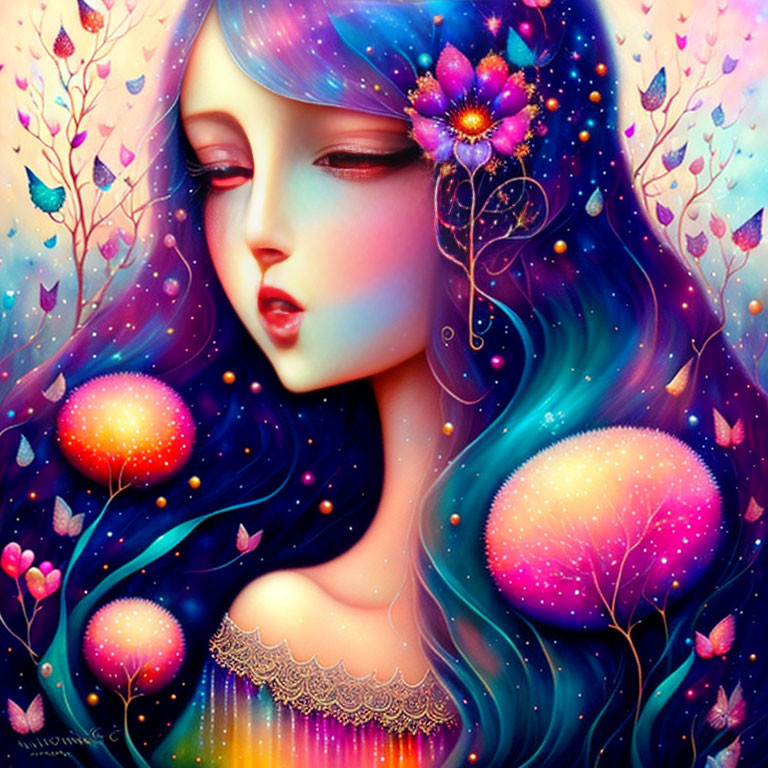 Colorful Artwork: Whimsical Female Figure with Blue Hair and Flowers