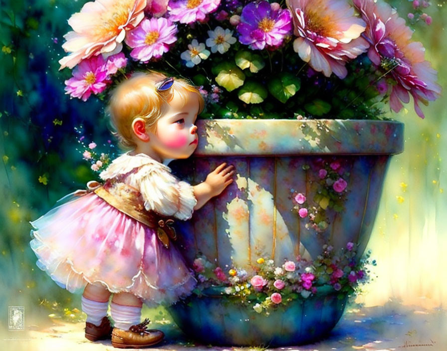 Toddler in Pink Dress by Flowerpot in Fairy Tale Setting