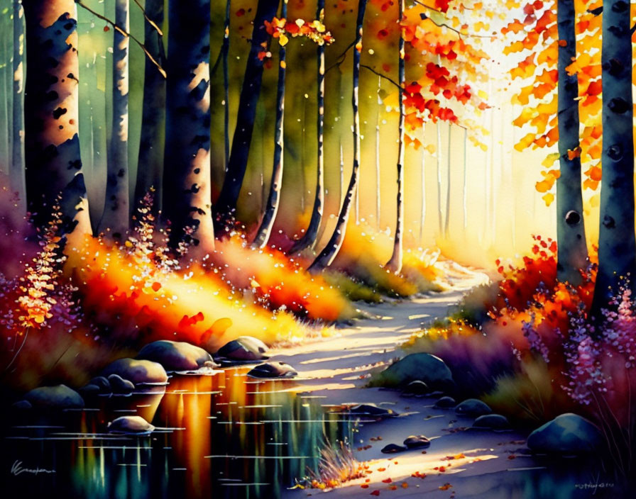 Autumn forest path watercolor painting with colorful leaves and tranquil stream