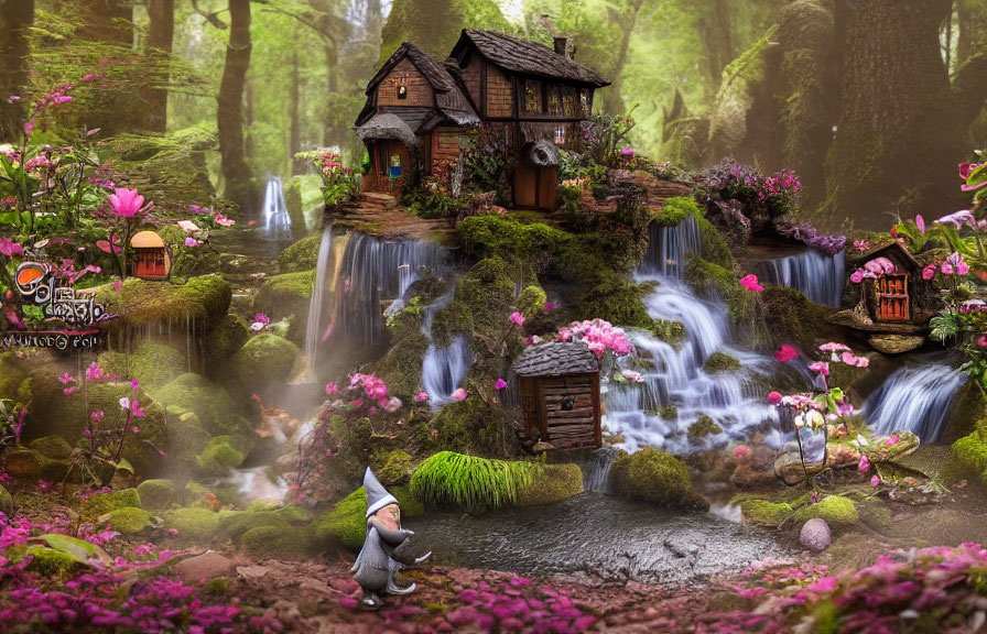 Enchanting fairy tale house on waterfall with gnome in forest