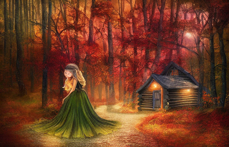 Whimsical artwork of woman in green dress on forest path with autumn colors and cozy cabin