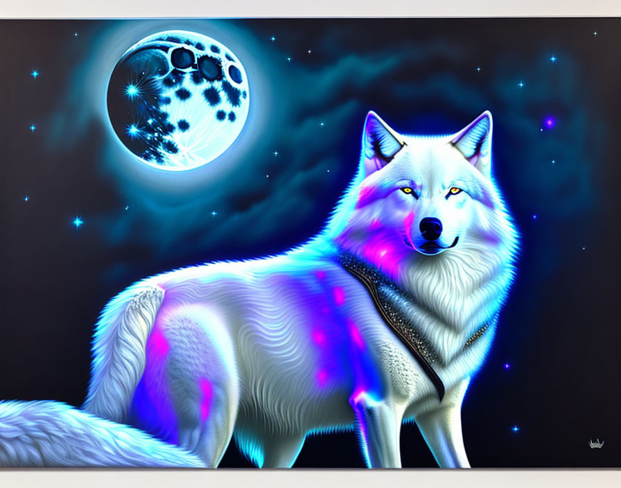 Digital art: Glowing white wolf under starry sky with cratered moon