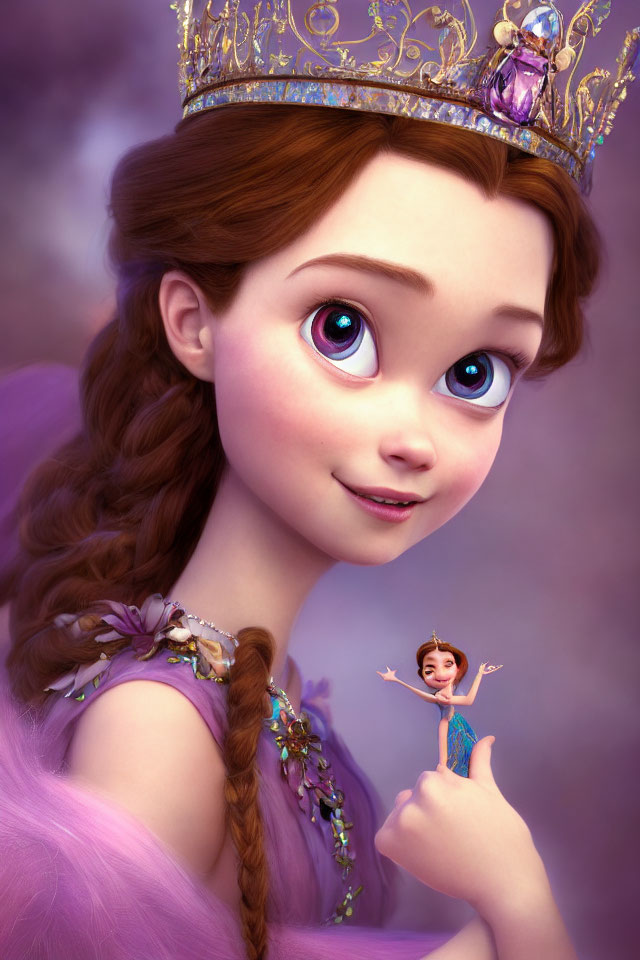 Animated princess with large eyes, braided hair, and crown smiling with miniature figure.